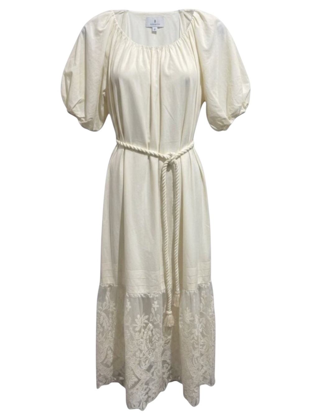 Tuckernuck X Studio McGee Poplin Lace Hem Puff Sleeve V-Neck Belted Midi Dress